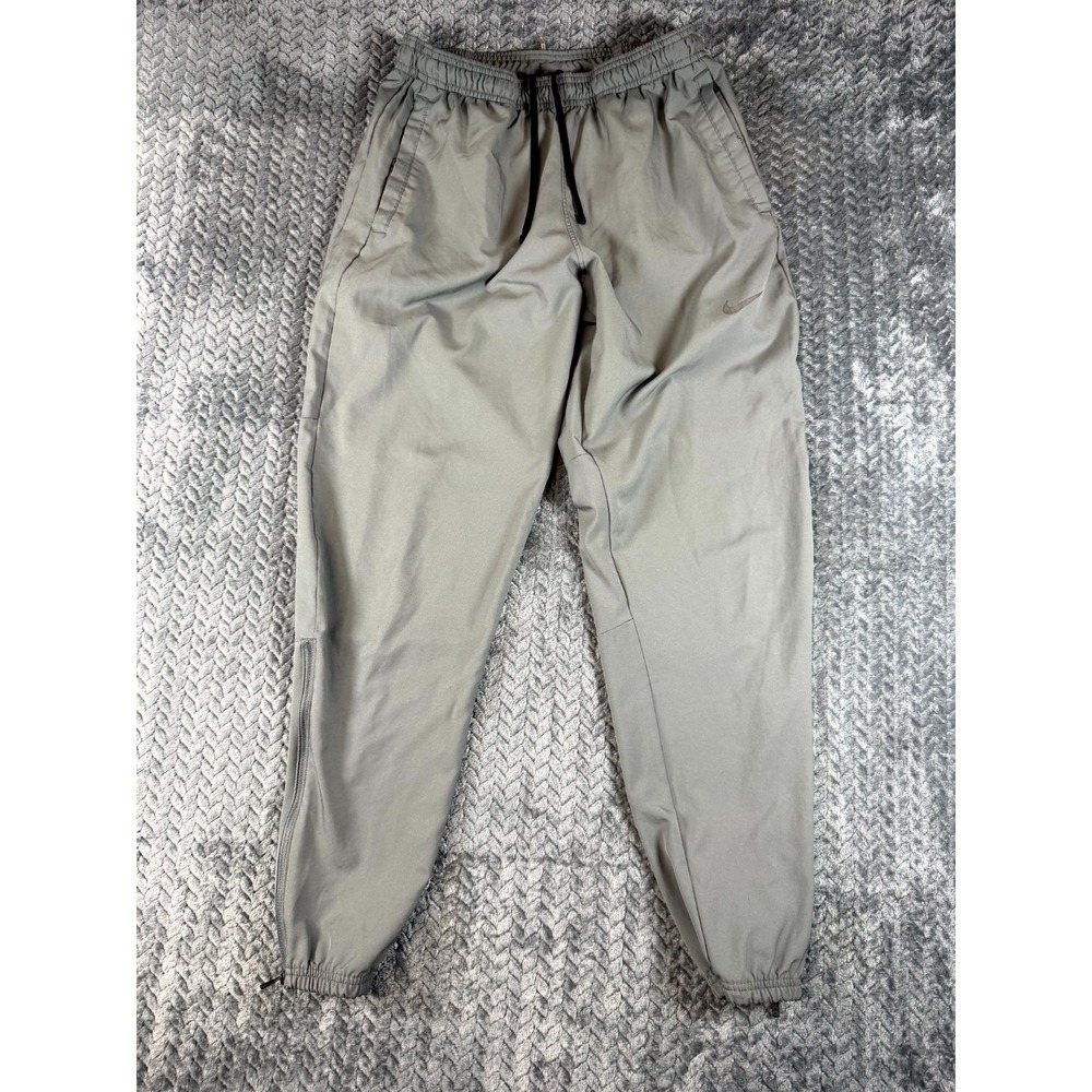 Nike Jogger Pants Mens S Gray Swoosh Logo Dri Fit Ankle Zip Tapered Leg Mid Rise